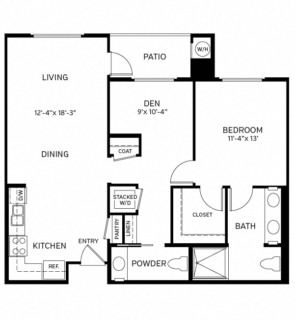 Floor plan for 1 bed, 1.5 baths, 920 sqft